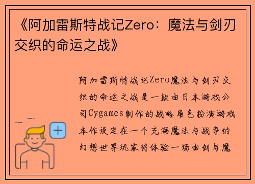 《阿加雷斯特战记Zero：魔法与剑刃交织的命运之战》